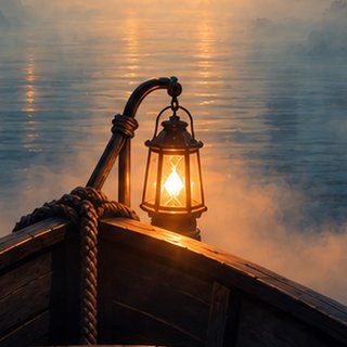 A lantern glowing on the bow of a boat at night